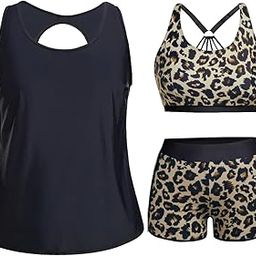 Women Plus Size 3 Piece Tankini Swimsuits Athletic Bathing Suits with Boy Shorts Tank Top with Sports Bra, Leopard, 16 Plus-image-38