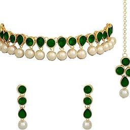 Kundan Pearl Traditional Ethnic Choker Necklace Earring Maangtikka Jewellery Set For Women & Girls-image-8
