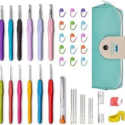 ANIDRA 32pcs Crochet Kit Set - Full Size Crochet Needles, Knitting Craft Weaving Yarn Sewing Tools Kit for Beginners Adults - Embroidery Needle With Case-image-42