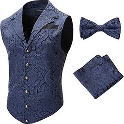 Cenne Des Graoom Mens Suit Vest Paisley Floral Victorian Vests Steampunk Gothic Waistcoat & Bow tie Pocket Square-image-33