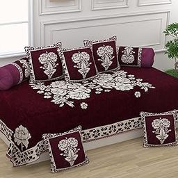 FRESH FROM LOOM Reversable Diwan Set (You can Used This from Both Side), Lattest Design, 500 TC, Velvet Chenille Fabric, Diwan Set - 8pc (Wine)-image-43
