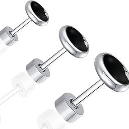 FASHIONS Stainless Steel Silver Tone Black Stud Earrings Single Ear Studs Daily Wear Combo of 3 Small Medium & Big Sizes Earrings for Boys & Men-image-61