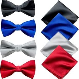 Premium Satin Bow Tie & Pocket Square Combo for Men | Adjustable Neckband for Perfect Fit Bow Tie for Suits & Tuxedo for Formal Events & Weddings (Pack of 4) (Red,Blue, Black & Silver)-image-28
