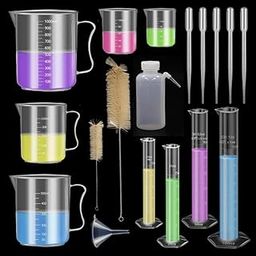 SPYLX 4PCS Plastic Graduated Cylinders Set 10ml 25ml 50ml 100ml, 5PCS Plastic Beakers Set 50ml 100ml 250ml 500ml 1000ml with 5PCS Pipettes,1PC Plastic Funnel,1PC Wash Bottle and 2PCS Brush-20