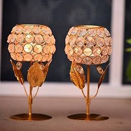 Fashion Bizz Metal & Crystal Gold Plated Tea Light Candle Holder Stand Votive Pack of 2 (8.9 X 8.9 X 17.8) CM-image-29