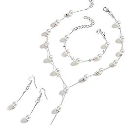 Latest Stylish Design Silver Plated Pearl Bracelet Earrings Necklace Jewellery Set for Women (15456s)-image-77