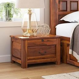 Radha Solid Wood Bedside Table - Premium Rectangular Design Nightstand with 1 Drawer and 1 Tray - End Table for Bedroom and Home - Sheesham Wood, Maple Finish-4