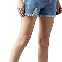 Women's Blue Relaxed Fit Highly Distressed Mid Rise Ripped Denim Shorts-image-2