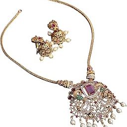 Women's Traditional Gold-Plated Necklace Set with Pearl Drops, Ruby and Emerald Stones, Crystal Embellishments-image-84