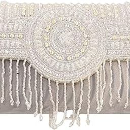 Beaded Evening Clutch Purse, Silver Grey with Crystal Fringe, Vintage Style-image-78