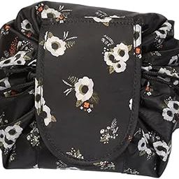 Crownish Women's Convenient and Waterproof Multifunction Portable Lazy Travel Cosmetic Storage Makeup Organizer Toiletry Bag with Drawstrings (Black Floral Lazy Bag)-image-81