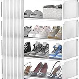 APPASO 6 Tier Shoe Rack, Shoe Stand with Dustproof Door Curtain, Plastic Space-Saving Storage Shelf for Entryway, Hallway, Living Room, Easy Assembly and Clean, White (6-Shelf)-image-62