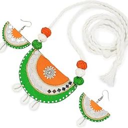 Tricolour Fabric Necklace and Earrings Set, Traditional Indian Design with Shell Beads, Orange-White-Green for independence day-image-33