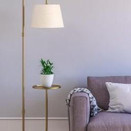 Modern Floor Lamp with End Table, Rubber Wood Bedside Table Lamp with Adjustable Drum Shade, Rustic Tall Pole Shelf Reading Standing Light for Farmhouse Bedroom, Living Room, Office-25