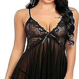 Women Lingerie Satin Lace Chemise Nightgown Sexy Side Slit Sleepwear Black-image-42