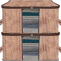 Kuber Industries Underbed Storage Bag|Non-Woven Wooden Print Blanket Cover|Razai Cover|Duvet Cover Transparent Window & Handle|Large|Pack of 2 (Brown)-image-35