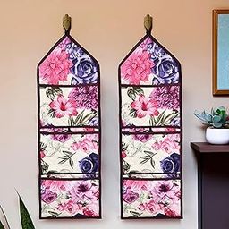 Pack of 2 Wall Hanging Organizer | Waterproof 3 Multi-Purpose Pocket | Quilted Fabric Stationary-Magazine Organizer | Foldable Document Holder | Pink Flower | Cream-10