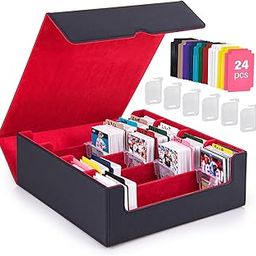 LENSEMUS Trading Card Storage Box - 4 Rows MTG Deck Box, 3000+ TCG Deck Case Has 6 Card Fixing Supporters and 24 Colorful Dividers, Leather Case for Magic Game (Red)-5