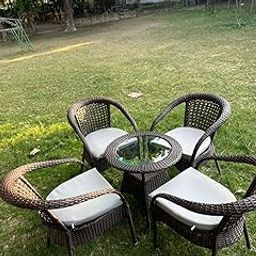 Prime Aura 4+1 Outdoor Patio Furniture Set, Brown Wicker Chairs with Glass Table and Cushions, Powder Coated, Frame UV Protected Wicker Chair [Brown/Grey Cushions]-image-7