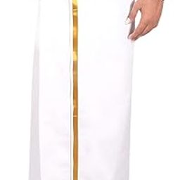 Adjustable 28 to 44 Inches Velcro White Cotton Pocket Dhoti with Gold Jari Border For Mens-32