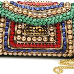 Mosaic Stone Work Embellished Metal Clutch-image-84