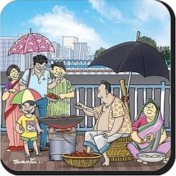 Sentoor Kartoon Aesthetic Kolkata Souvenir Televaja Dokan Wooden Coasters for Dining Coffee Table Tea Cups Lids for Glasses Indian Design Gift for Birthdays Anniversaries Wedding Multicolor Set of 2-29