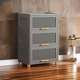 Maison & Cuisine® Modern 3 Tier Plastic Storage Cabinet with Drawers Grey Wardrobe with Wooden Handles and Legs for Bedroom Living Room or Office (SR 603-1 3L)-6