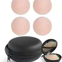 Nipple Covers 2 Pairs Free-Size Reusable Adhesive Invisible Pasties Beige Silicone Pad with Case Cove for Dress (2 Pair with Black Case)-55