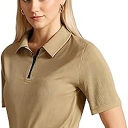 Ribbed |Regular Fit | Half Sleeves 100% Cotton Polo Neck Self Design with Zip T-Shirt for Women-M950-image-17