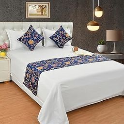 Shri Anand Creations Hand Embroidered Bed Runner Scarf with Matching Cushion Covers/Slipcover Mattress Protector/Bed Linen Scarf/Decorative Set for Bedrooms/Hotel Rooms (Blue)-image-16