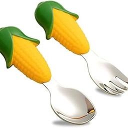Nimbose® Steel Spoon & Fork Set for Babies with Soft Silicone Handles, Washable and Reusable Flatware, 1 Spoon & 1 Fork (Corn/Maize Design)-picture-23