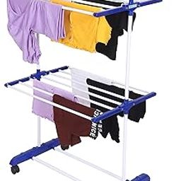FLIPZON Premium Clothes Stand for Drying with Wheels | Portable | 2 Layer Rack for Balcony | Foldable Wings | 14 Hanger Rods | Alloy Steel & Plastic (White & Blue)-image-49