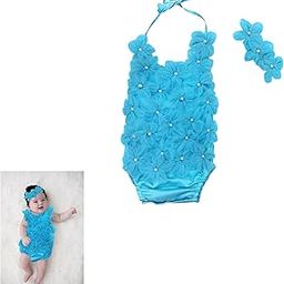 The Root and Craft Kids Birthday Photoshoot Outfit Dress Girls Floral Applique Romper with Hairband Born Baby Photography Photoshoot Props(0 to 6 Month) Turquoise-image-39