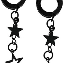 Valentine Gift Fancy Double Star Chain Drop Black Stainless Steel Dangle Surgical Hoop Earrings For Unisex-image-82