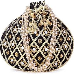 Black Embroidered Potli Bag for Women | Pearl Handle Ethnic Clutch Purse | Wedding, Party & Festive Handbag | Bridal Gift Accessory Mothers Day Gift, Bridal Wedding Bag for Women-50