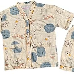 Women's Duck Print Pyjama Short Set, Short Sleeve Button-Down Top with Shorts, Cream and Blue-image-1