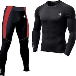 Men's Sports Running Set Compression Shirt + Pants Skin-Tight Long Sleeves Quick Dry Fitness Tracksuit Gym Suits (Set of 2) (Slim, M, Red&Black)-image-16
