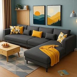 FURNY Mintona 6 Seater Fabric RHS L Shape Sofa Set (Dark Grey Color)-31