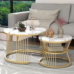 WROUGH IMPEX 2-Piece Round Nesting Coffee Table Set | Black MDF Top with Golden Iron Frame | Modern Sofa Side, End, or Center Tables for Living Room, Bedroom, or Office-image-59