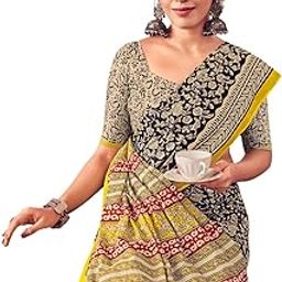 Handicrafts Women's Ikat Hand Block Print Pure Soft Cotton Mulmul Saree, with Blouse Piece-7