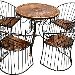 Wood & Wrought Iron Patio Furniture Set Garden & Outdoor/Indoor Furniture (Set Of 5) - Brown & Black - 80 Cm-image-27