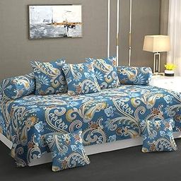 DECOR DEAL Diwan Set 8 Pieces Pure Cotton Designer Printed Standard Diwan Bedsheet (1 Single Bedsheet, 2 Bolster Covers, 5 Cushion Covers || Blue Jaipuri-image-34