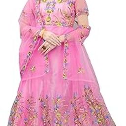 Women's Net Embroidered Semi-Stitched Maxi Anarkali Gown Rangoli Pink, 6XL-28