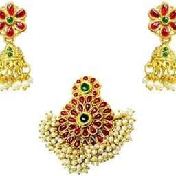 GOLD PLATED DOLLAR FLOWER DESIGN WITH RED STONE WHITE PEARLS-21