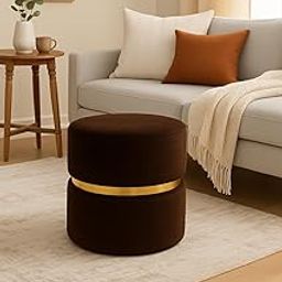 Ereteken ART Velvet Round Ottoman Foot Rest Stool Linen Fabric Padded Seat Pouf Ottoman with Round Shape for Living Room (Brown)-image-72