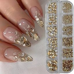 S.A.V.I Champagne Gold Nail Art Rhinestones Set – 12 Grid Flatback Glass Crystals for Nails | 3D Nail Gems | 6 Shapes & Sizes for DIY Nail Art, Manicure & Decoration-image-20