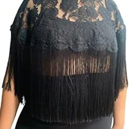 Black Woman Poncho Short Shrug Cape Lace fabric Long Tassels Hem Floral Pattern Short Shrug Crochet Capelets Shawl Wraps Bolero Cape Shoulder Cover Up Evening Prom Dress Neck Pearl Detailing-image-25