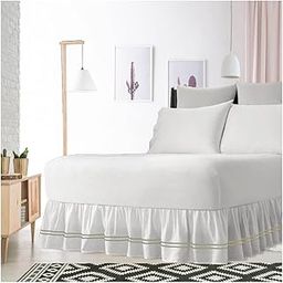 2 Line Embroidered Ivory Color on White Fabric Ruffle Bed Skirt 20 Inches Drop 600 Thread Count Egyptian Cotton King Bed Size-81