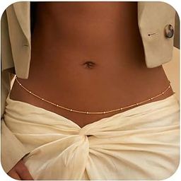 Waist Necklaces for Women 14K Gold Plated 2 Pieces Body Chains Layered Cuban Pearl Satellite Beads Rope Coin Heart Pendant Belly Belt Body Necklaces Adjustable Bikini Body-image-60