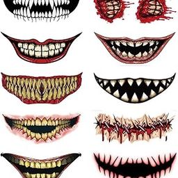 MAYCREATE® 10 Sheet Halloween Temporary Tattoo for Women Men 3D Realistic Face Tattoo Sticker Waterproof Vampire Cosplay Makeup Horror Smile Mouth Tattoo Sticker-45
